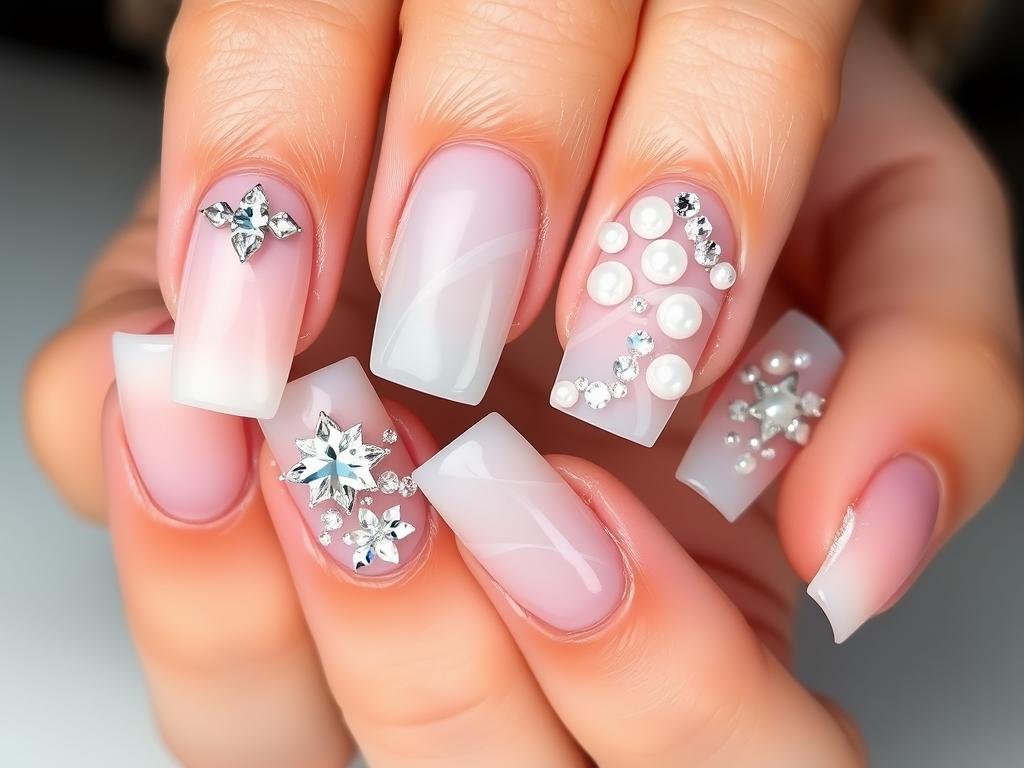 Cute square acrylic nails with 3D embellishments including crystals, pearls, and raised designs