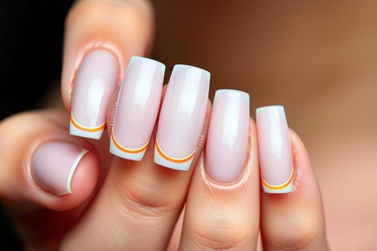 Cute square acrylic nails with classic French tips featuring colorful lines at the tip instead of traditional white