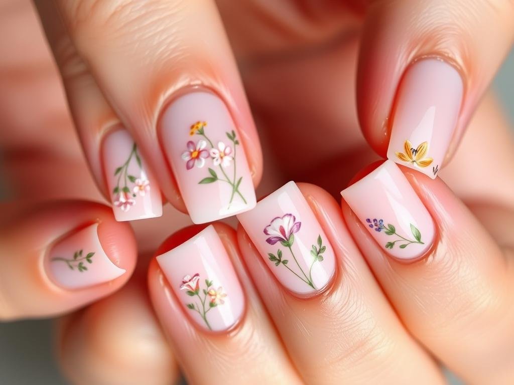 Cute square acrylic nails with delicate floral designs featuring small painted flowers and leaves