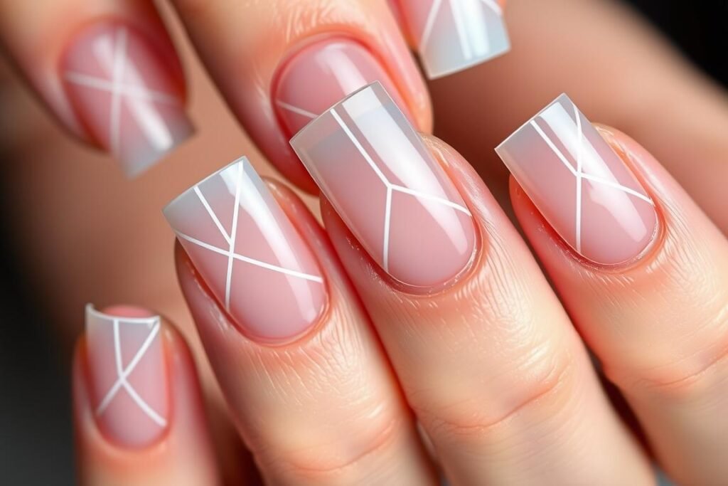 Cute square acrylic nails with negative space designs showing clear sections with geometric patterns