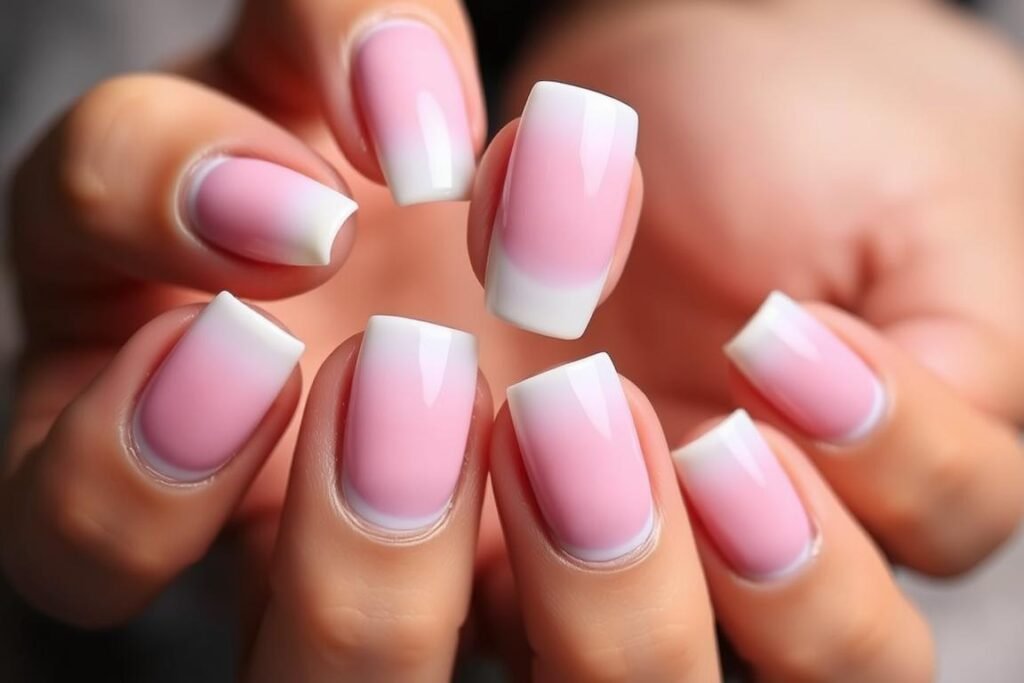 Cute square acrylic nails with smooth ombré effect transitioning between complementary colors