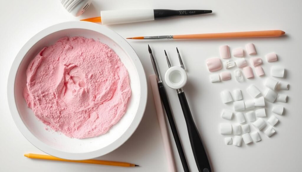 DIY acrylic nail application process for pink square nails