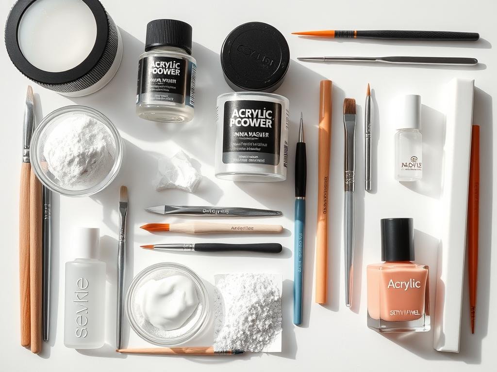 DIY acrylic nail application tools and products arranged neatly