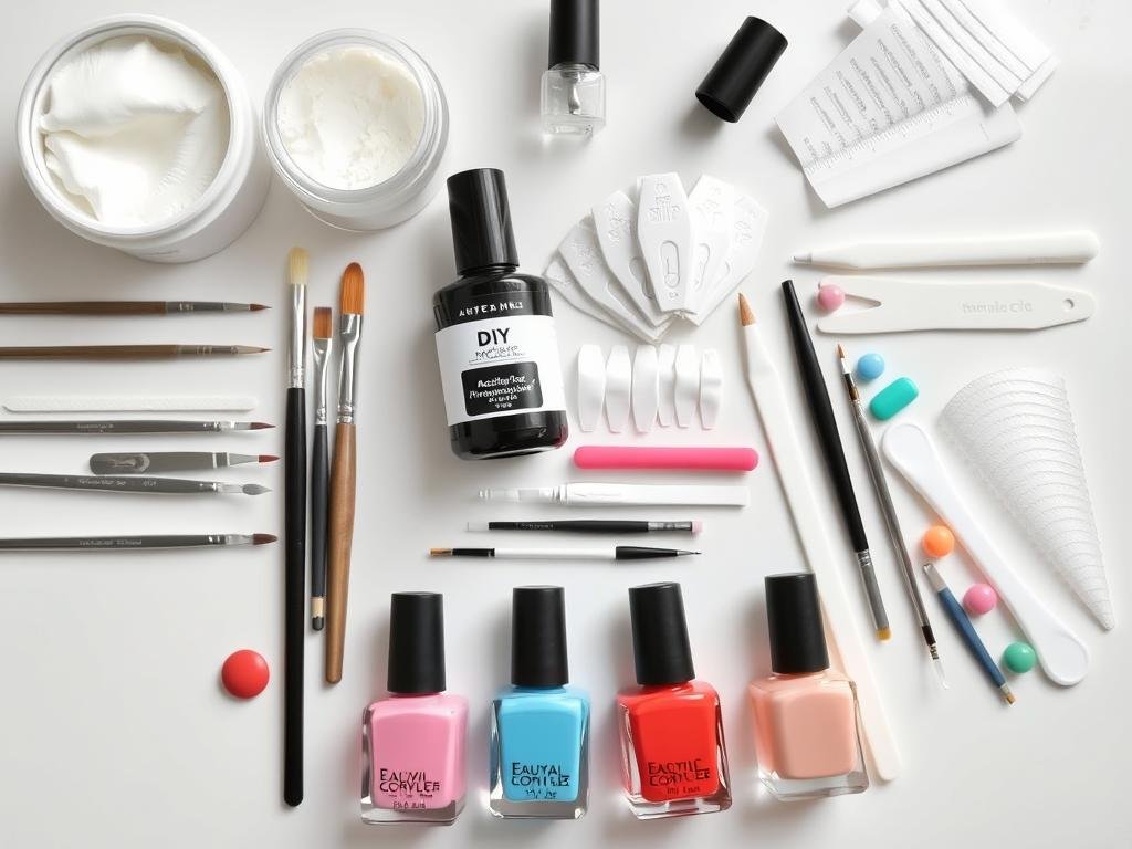 DIY acrylic nail application tools and products laid out