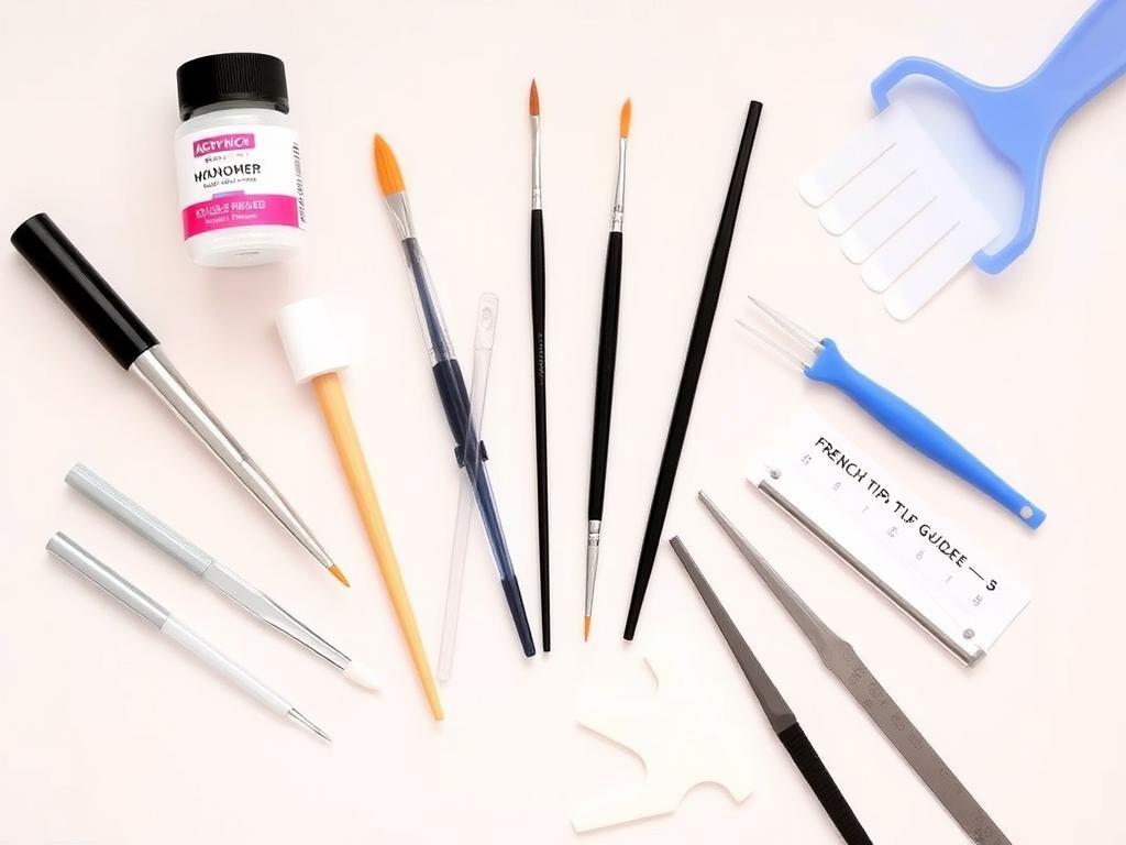 DIY acrylic nail application tools laid out for home French tip manicure