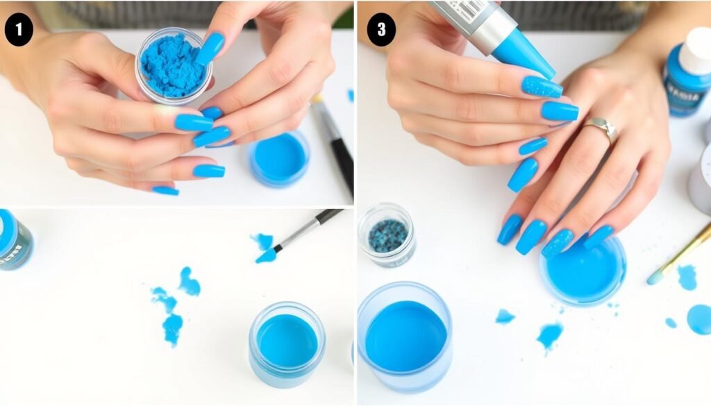 DIY blue acrylic nail application process