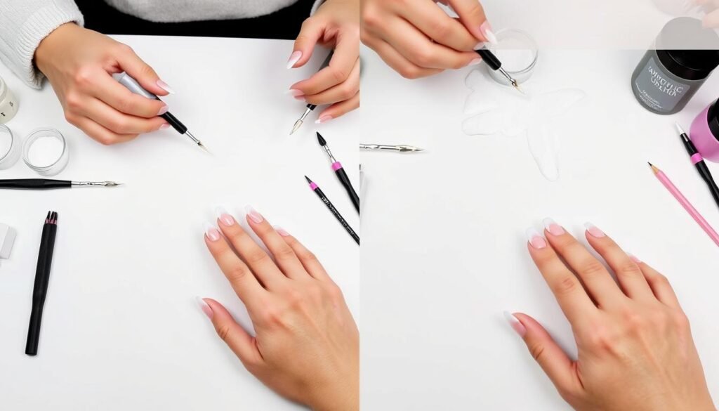 DIY french tip acrylic nails with design application process
