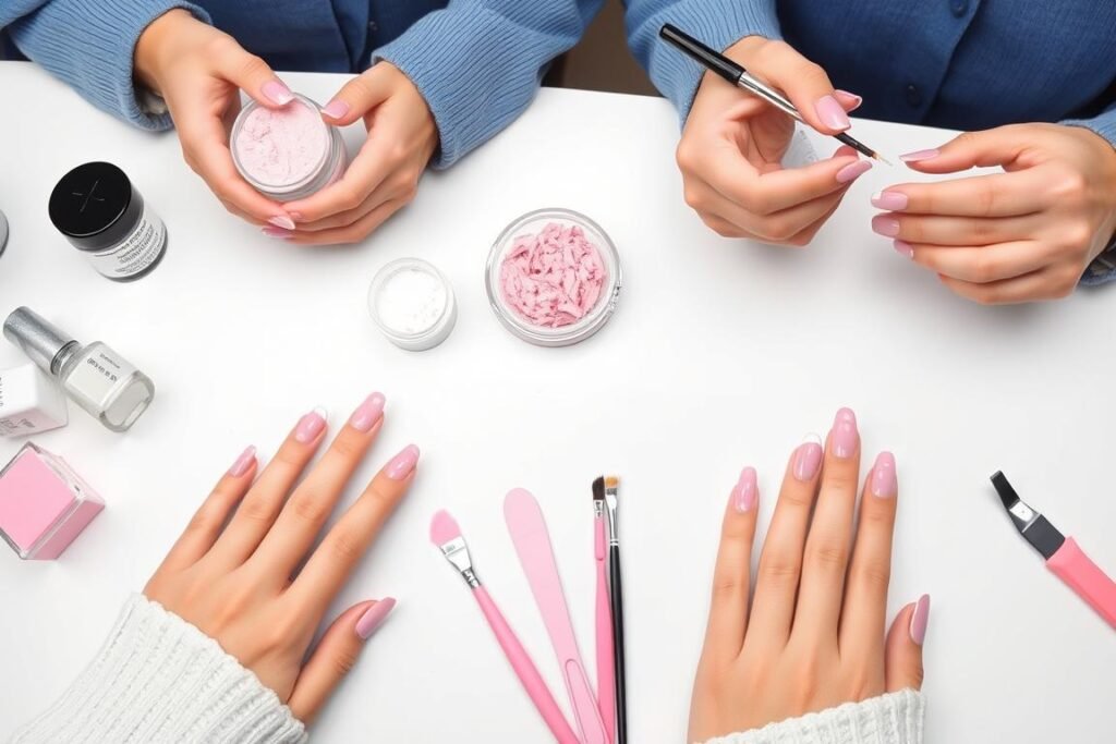 DIY pink acrylic nail application process at home