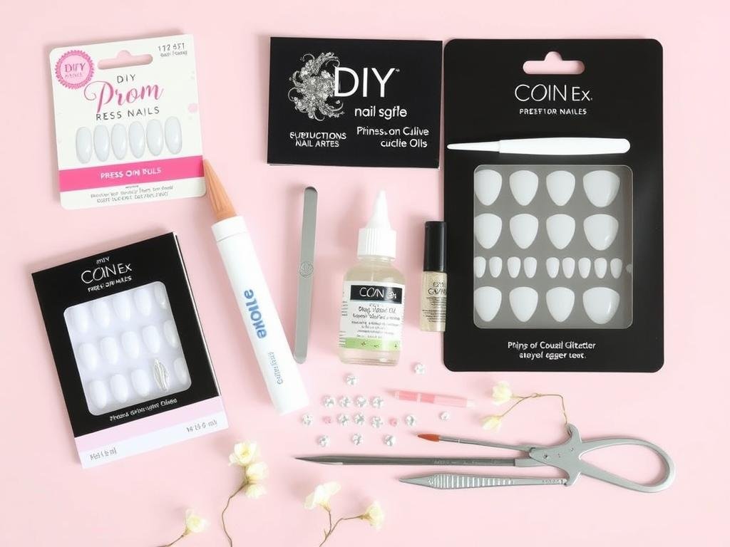 DIY prom acrylic nail kit with press-on nails, tools, and decorative elements