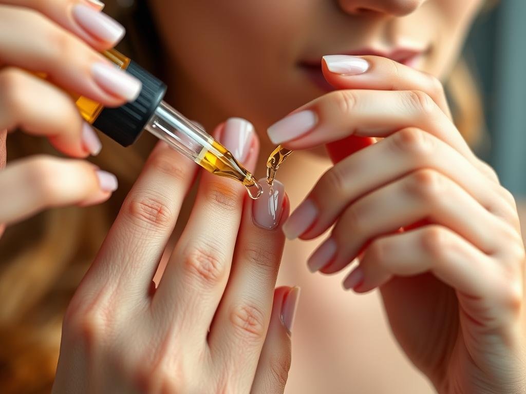Daily care routine for short square acrylic nails including application of cuticle oil