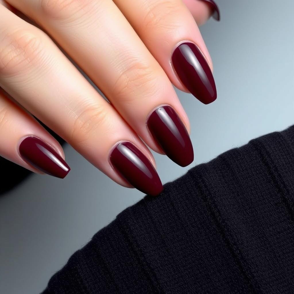 Deep burgundy solid color acrylic nails perfect for formal occasions