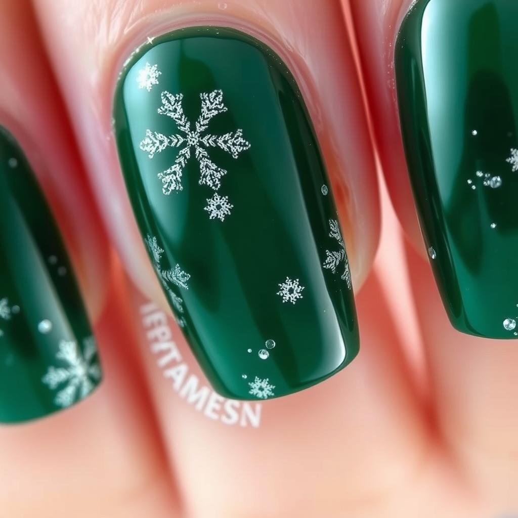 Deep emerald green acrylic nails with silver snowflake designs for winter
