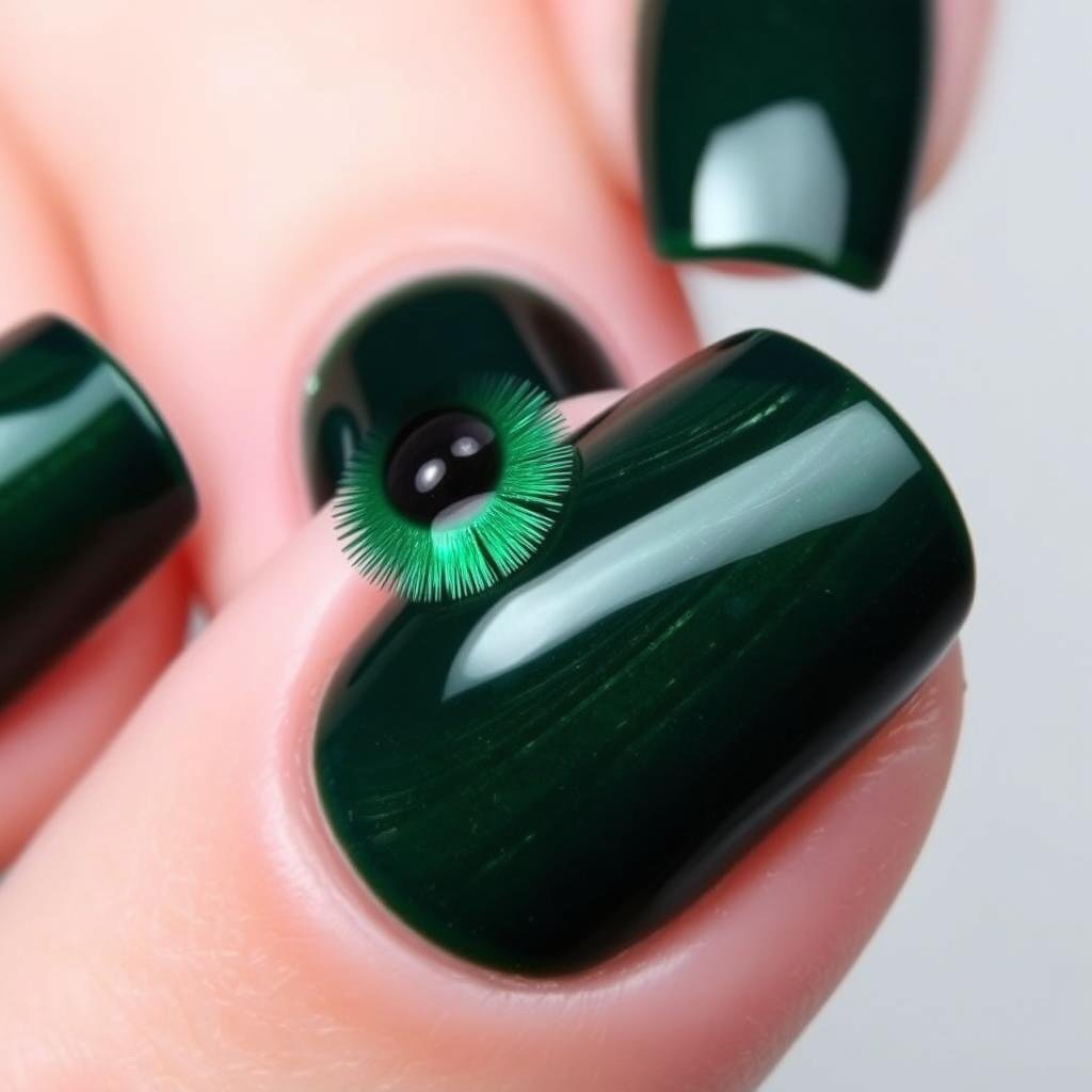 Deep forest green acrylic nails with cat eye magnetic effect