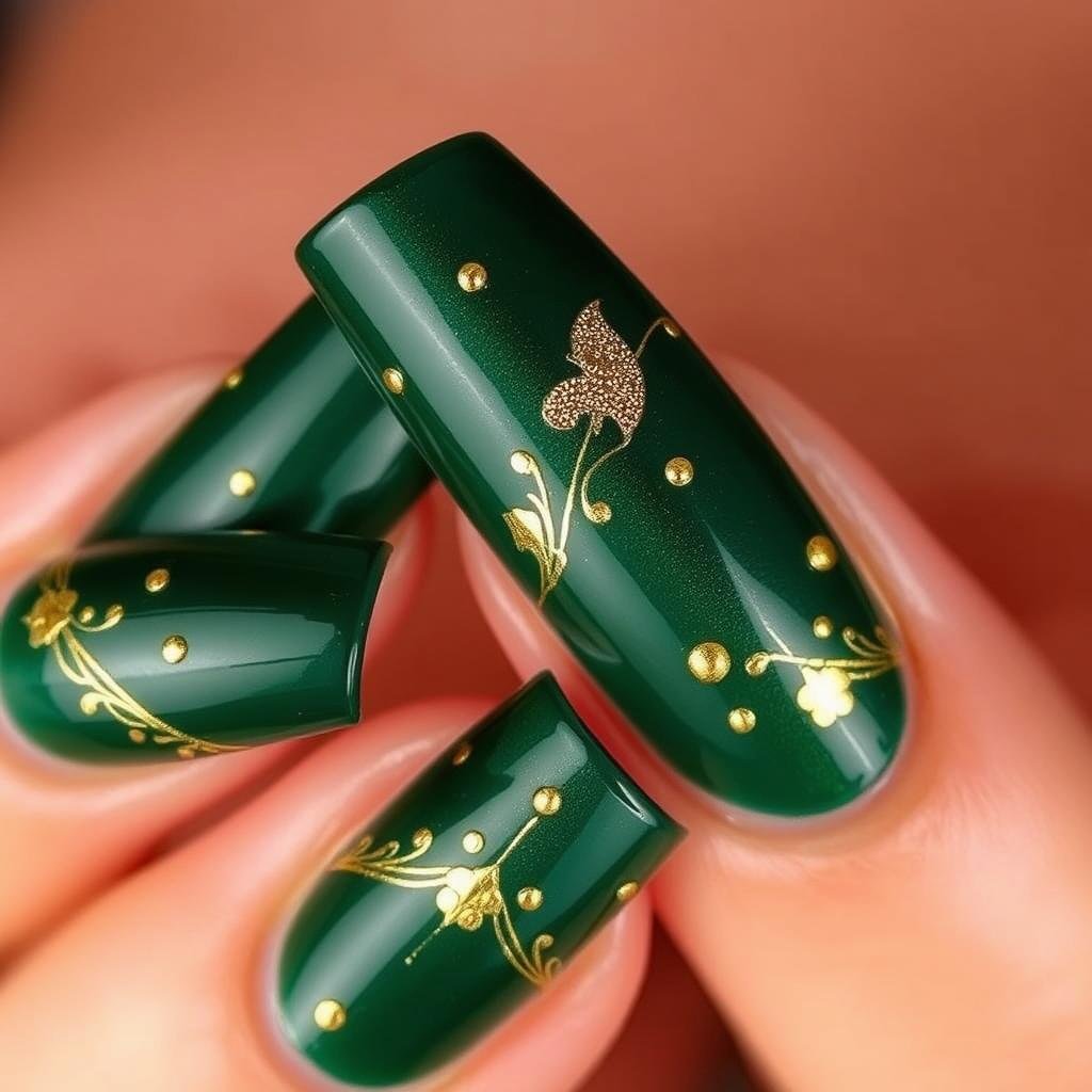 Deep green acrylic nails with gold foil accents and designs