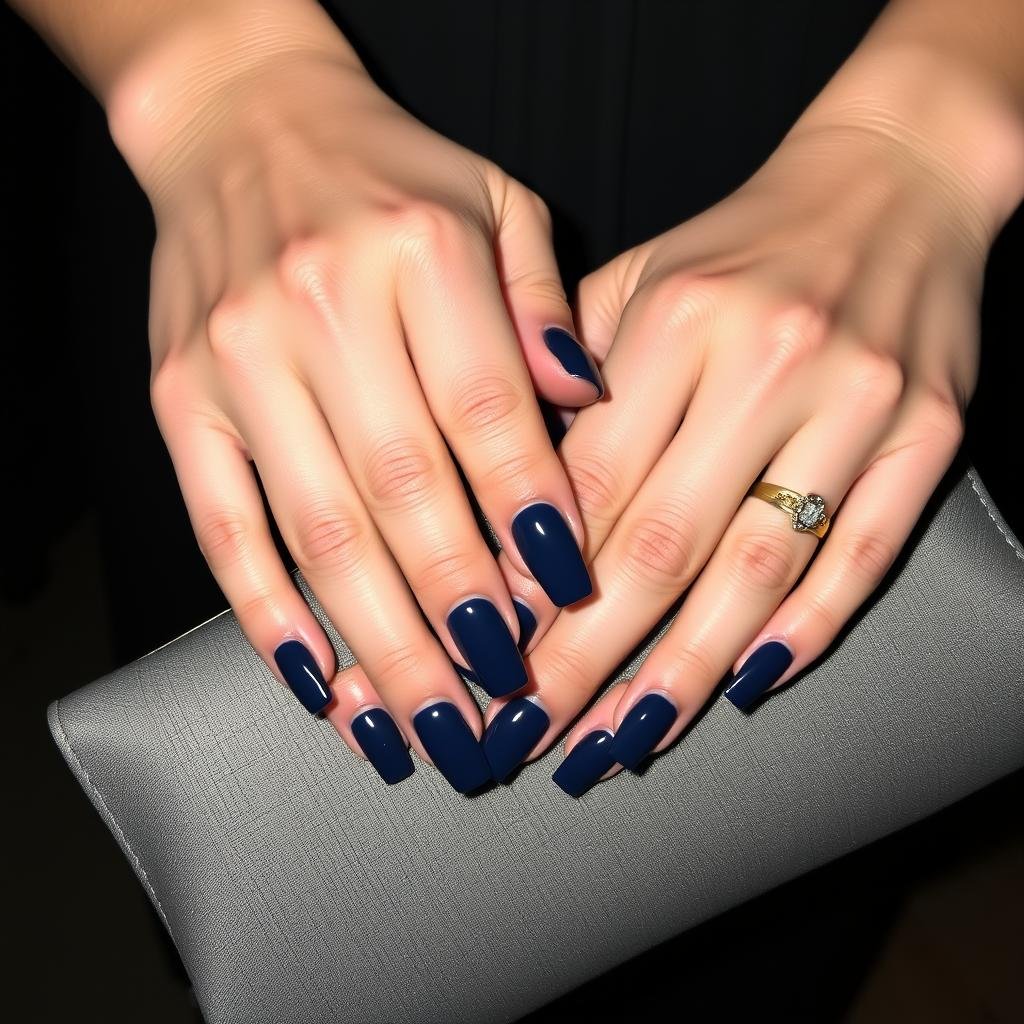 Deep navy solid color acrylic nails for evening events