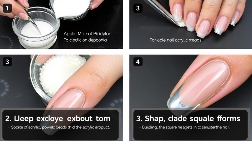 Demonstration of acrylic application technique for short square nails