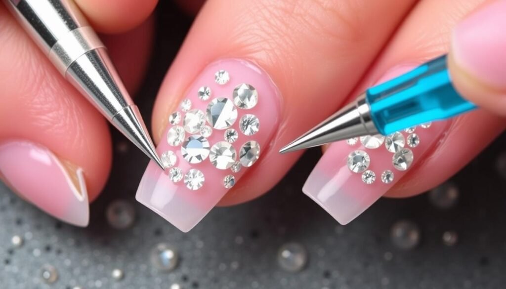 Detailed process of adding rhinestones and glitter to acrylic nails