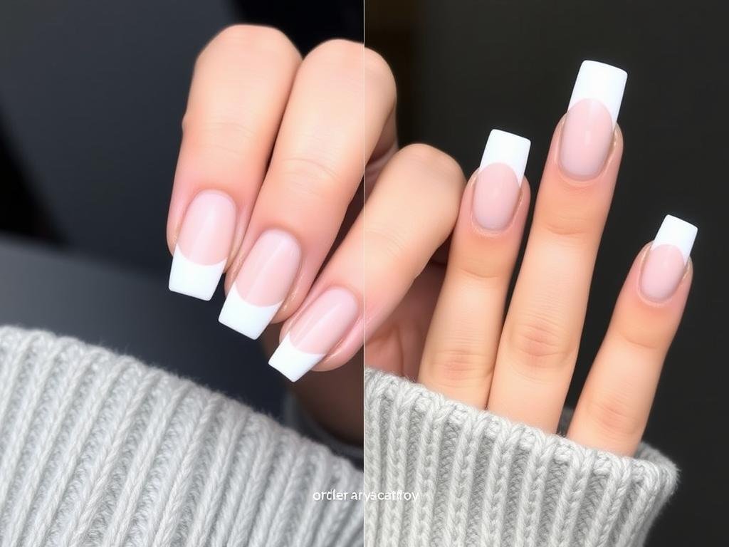 Different lengths of square french tip acrylic nails from short to long