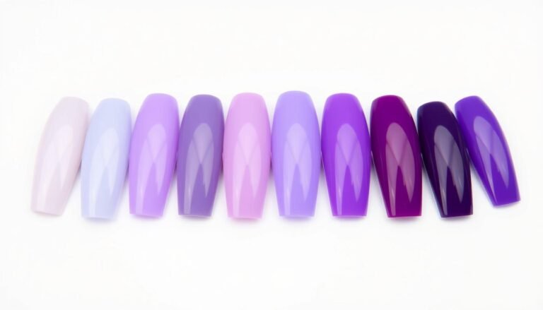 Different shades of purple acrylic nails from lavender to deep plum arranged in a gradient