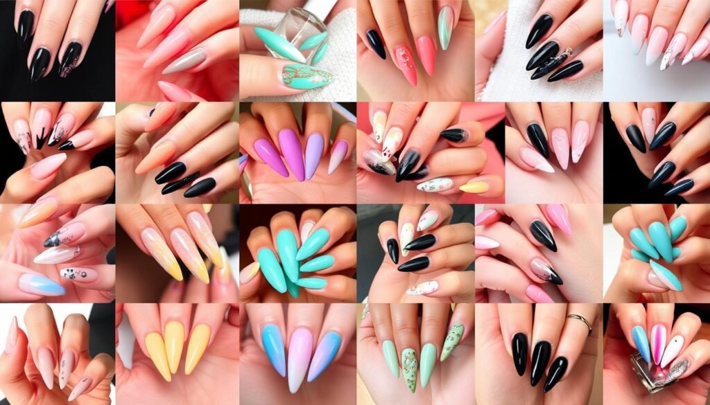 Diverse collection of acrylic nail designs showcasing the variety of styles available
