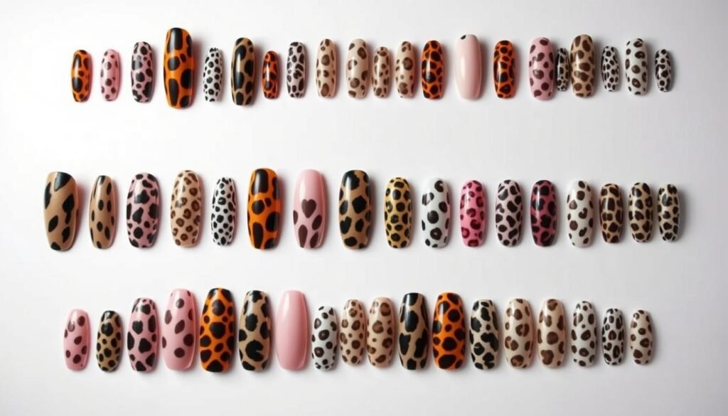 Diverse collection of leopard acrylic nail designs on different nail shapes