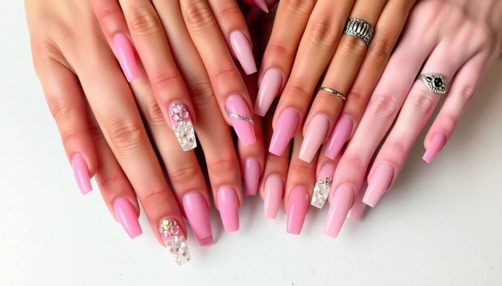 Diverse collection of pink square acrylic nail designs