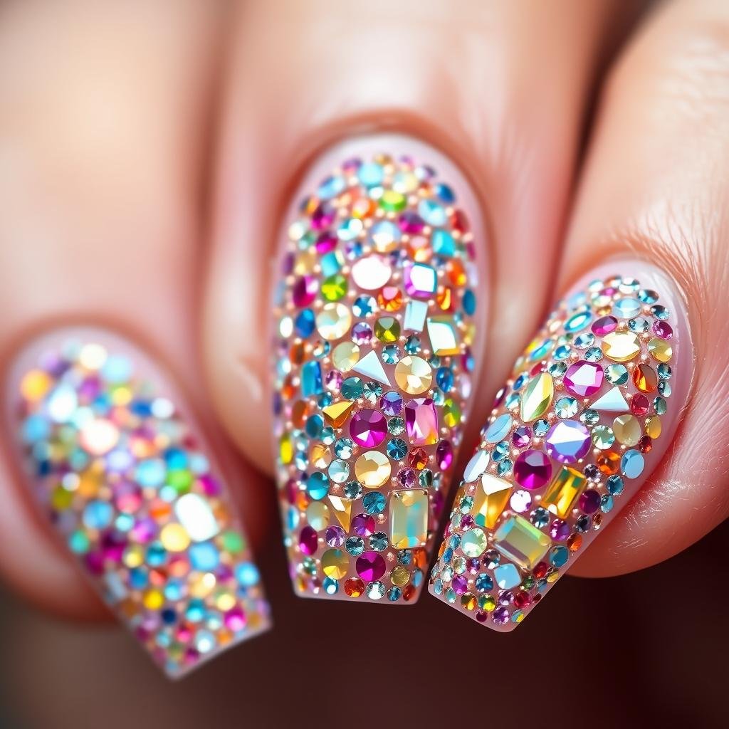 Duck nails acrylic covered in multi-colored rhinestones creating a jeweled effect