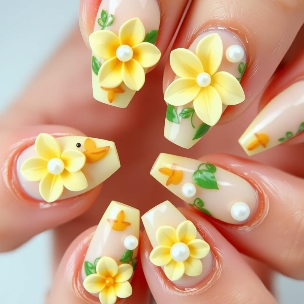 Duck nails acrylic with 3D flower designs and pearl accents