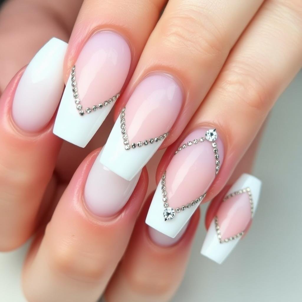 Duck nails acrylic with French tips and rhinestone accent designs