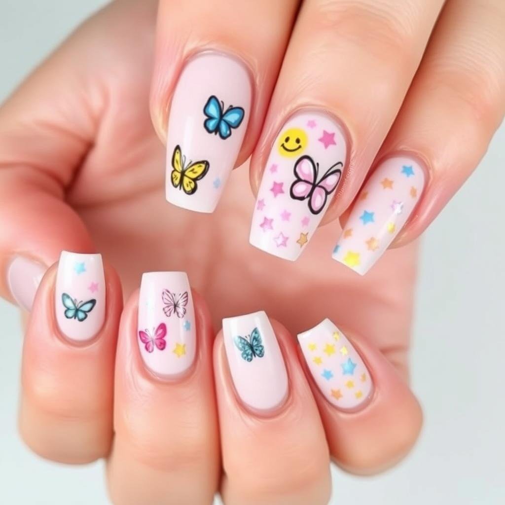Duck nails acrylic with Y2K-inspired designs featuring butterflies and pastel colors