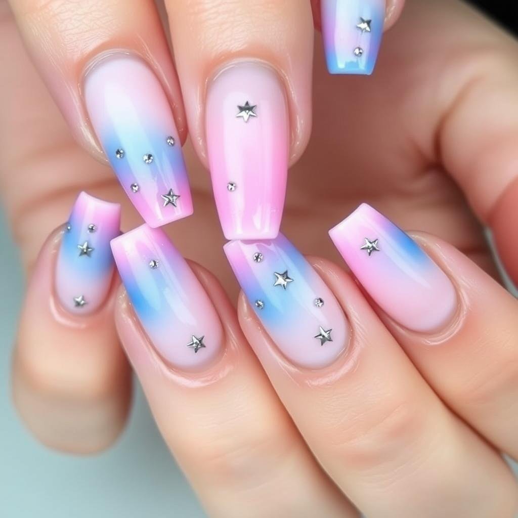 Duck nails acrylic with airbrushed gradient and star designs