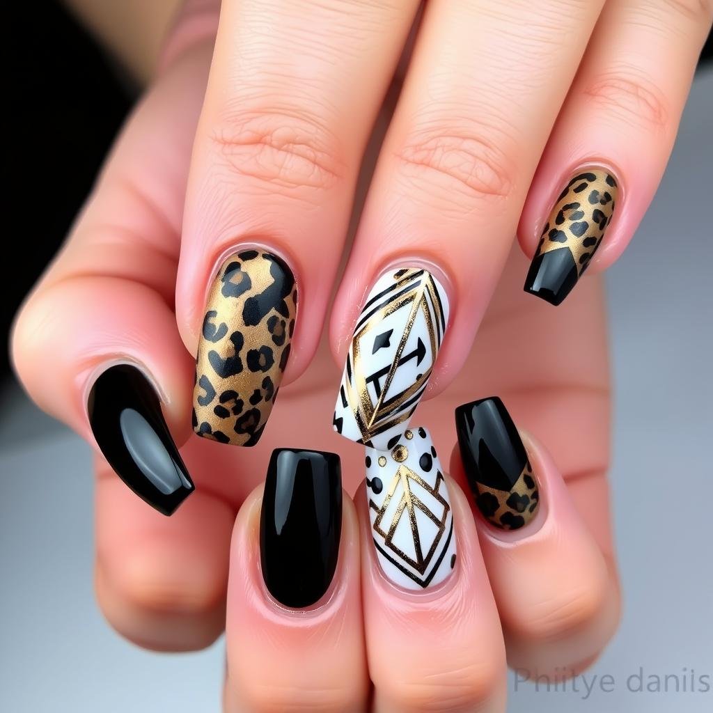 Duck nails acrylic with animal print and geometric patterns