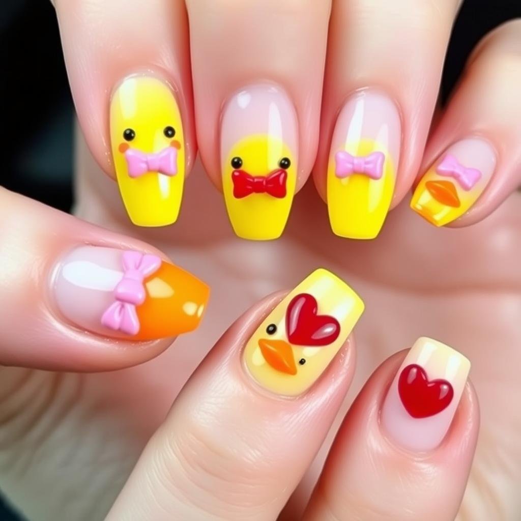 Duck nails acrylic with bow decorations and heart shapes