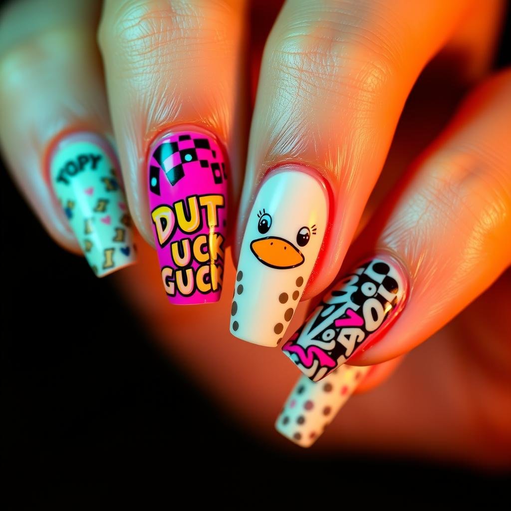 Duck nails acrylic with bubble letters and retro patterns in bright colors