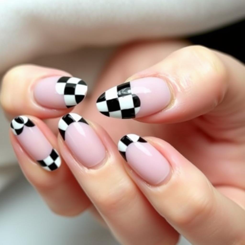 Duck nails acrylic with checkered pattern in black and white