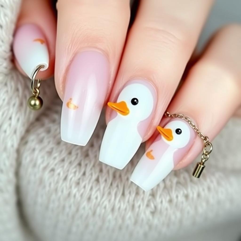 Duck nails acrylic with dangling charm accessories and chains