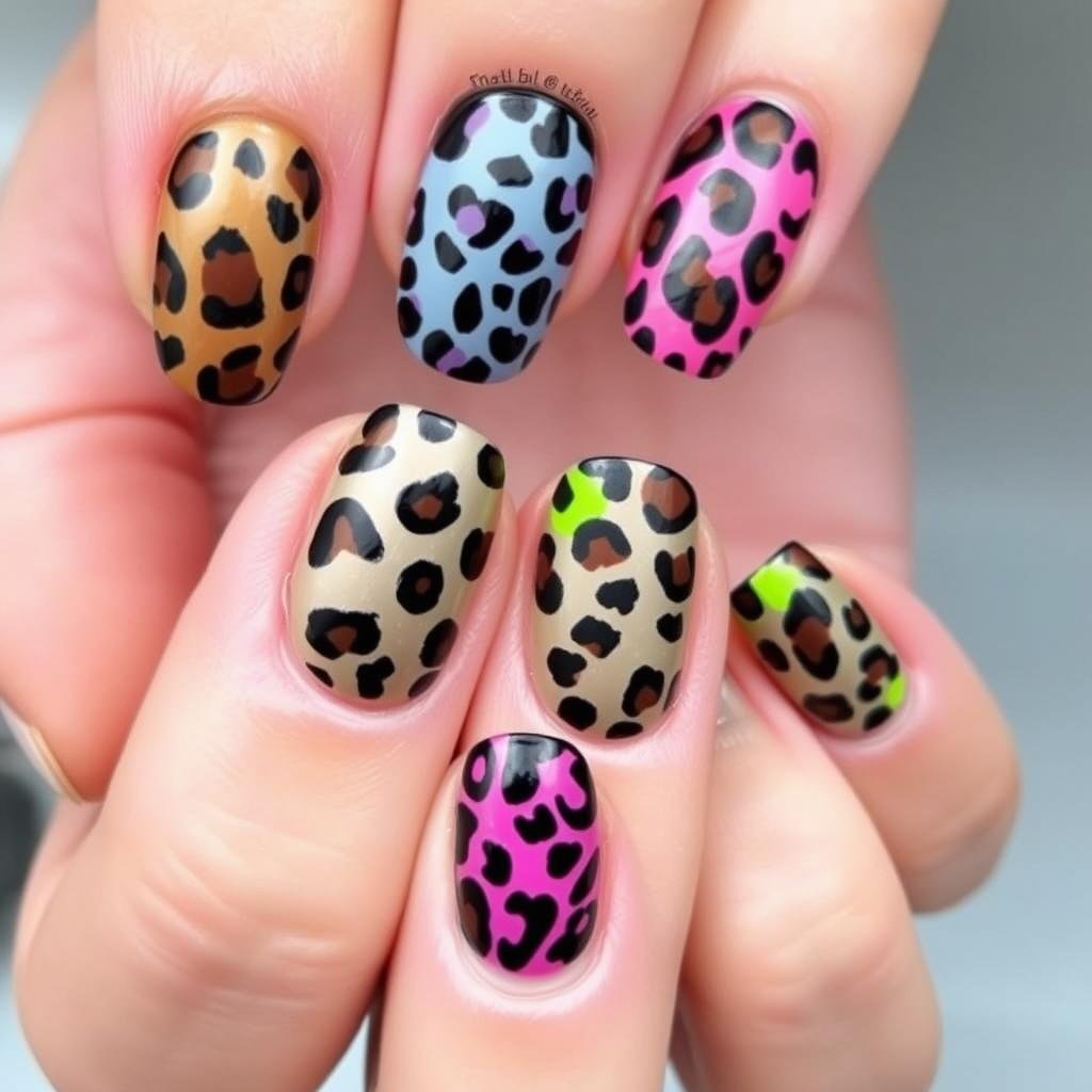 Duck nails acrylic with leopard print design in various colors