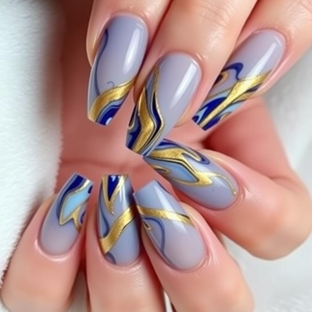 Duck nails acrylic with marble effect in blue and gold