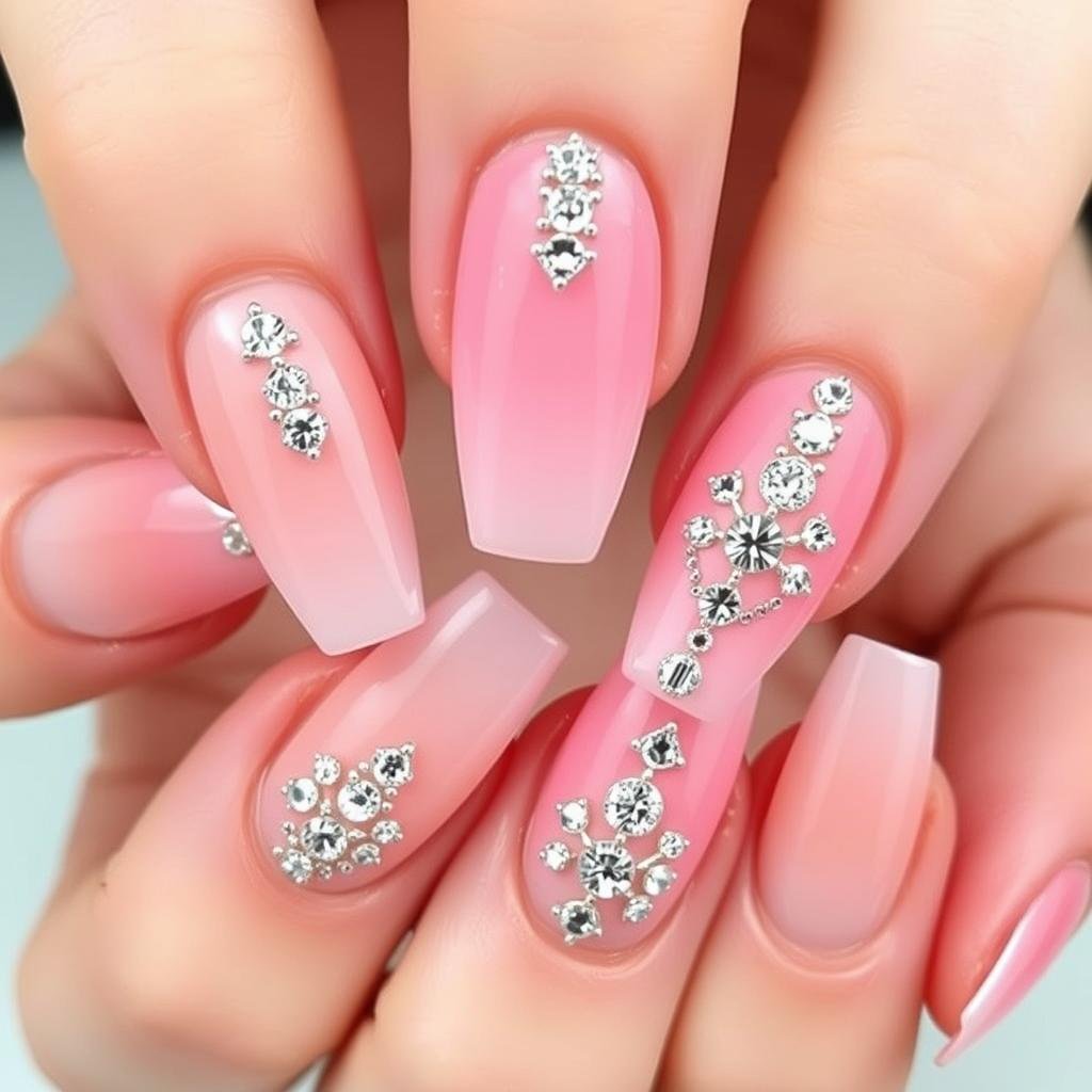 Duck nails acrylic with ombre effect and rhinestone patterns