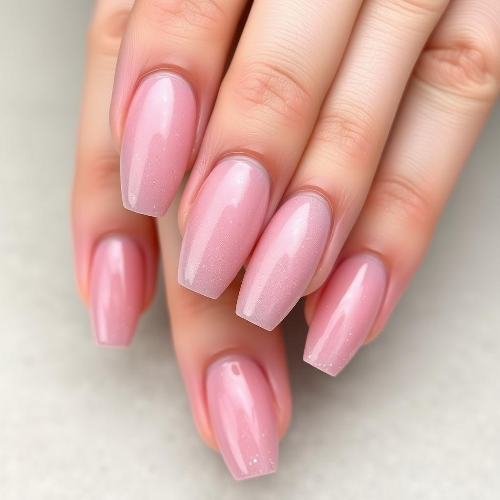 Dusty rose pink acrylic nails with subtle shimmer