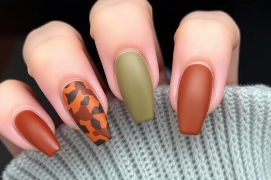 Earth tone acrylic nails in brown, olive, terracotta, and beige shades