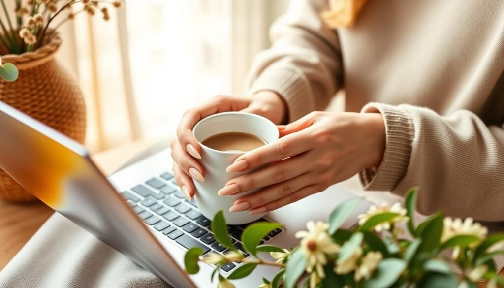 Elegant hands with perfectly manicured nude acrylic nails in a lifestyle setting