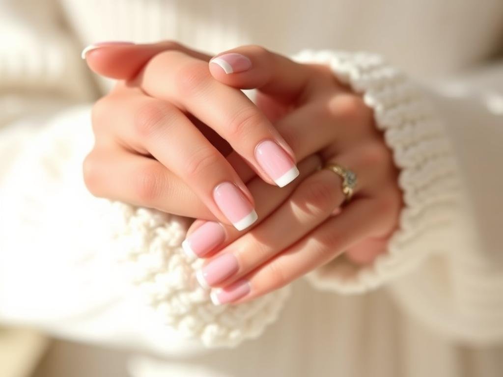 Elegant hands with short square acrylic nails featuring classic French tips