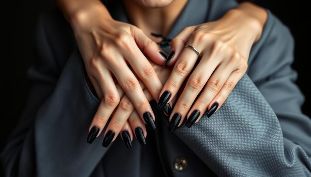 Elegant hands with sophisticated black acrylic nail designs
