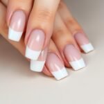 Elegant medium French tip acrylic nails with classic white tips on a neutral pink base