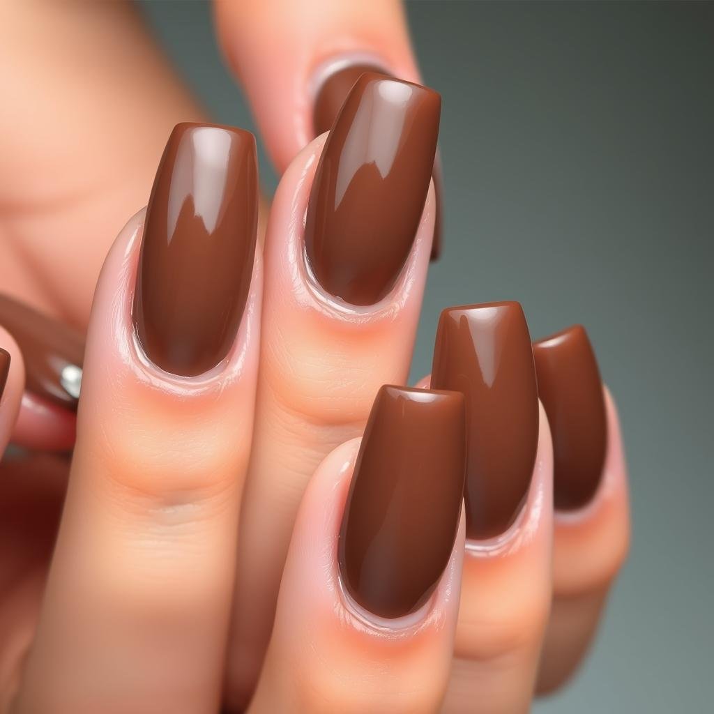 Elegant mocha brown acrylic nails in coffin shape