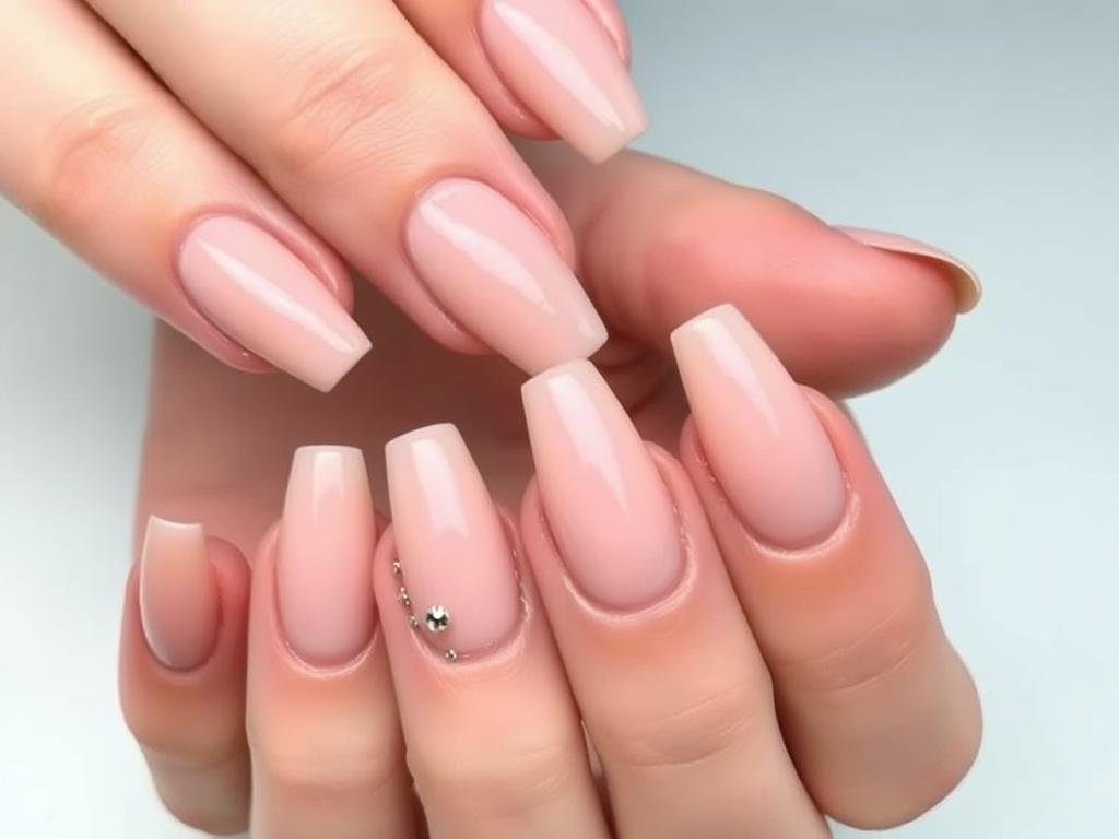 Elegant nude acrylic nails in various shapes and finishes
