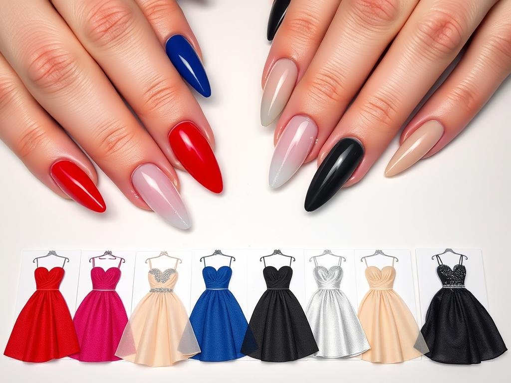 Elegant prom acrylic nails in various colors matched with different dress colors