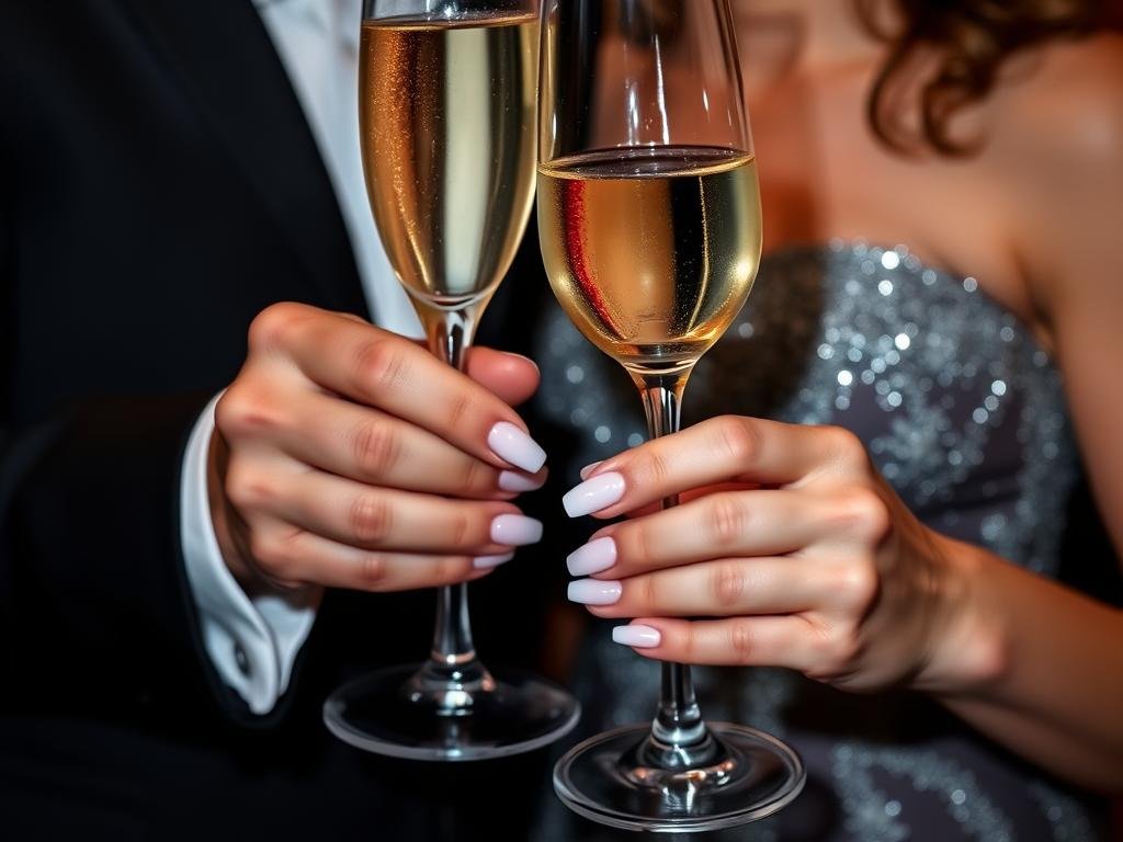 Elegant short square acrylic nails with French tips holding a champagne glass