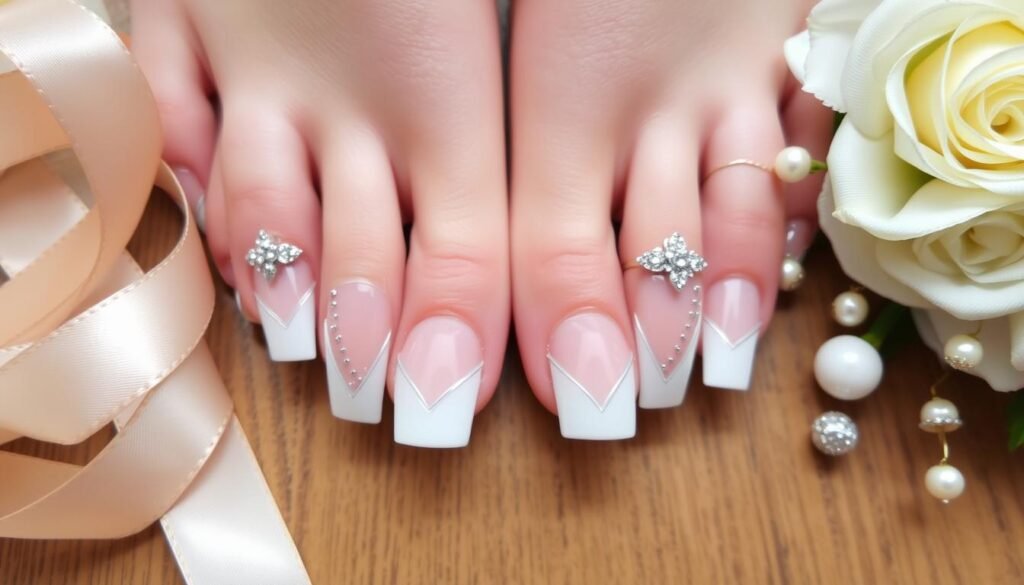 Elegant wedding and special occasion acrylic toe nails with pearls and subtle designs